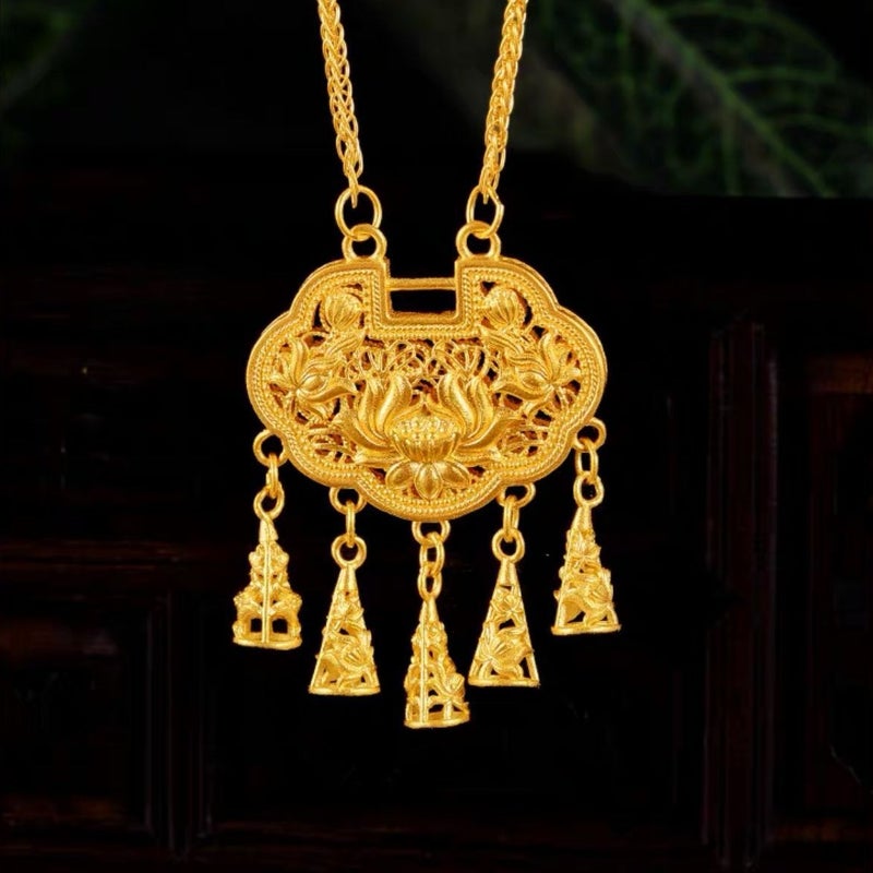 Gold Shop With Ancient Lotus Ruyi Concentric Lock Pendant Tassel Necklace National Fashion Chinese Clavicle Chain Women'S Jewelry - Image 2